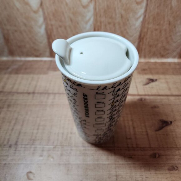 2011 STARBUCKS Falala Travel Mug Holiday Fa La La Double Wall Ceramic & Lid 12oz - Picture 11 of 11